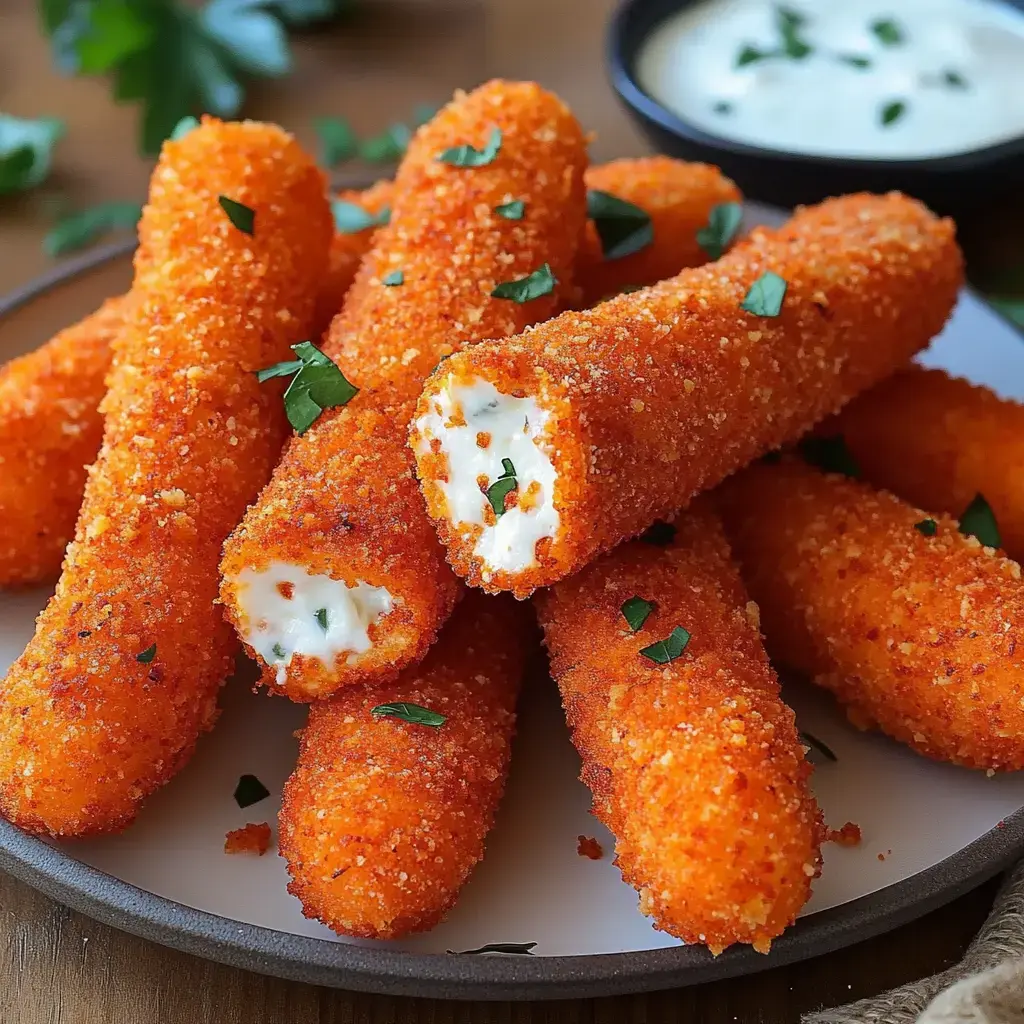 A plate of crispy, golden-orange breaded cheese sticks, with one cut open to reveal a creamy white filling, garnished with green parsley.