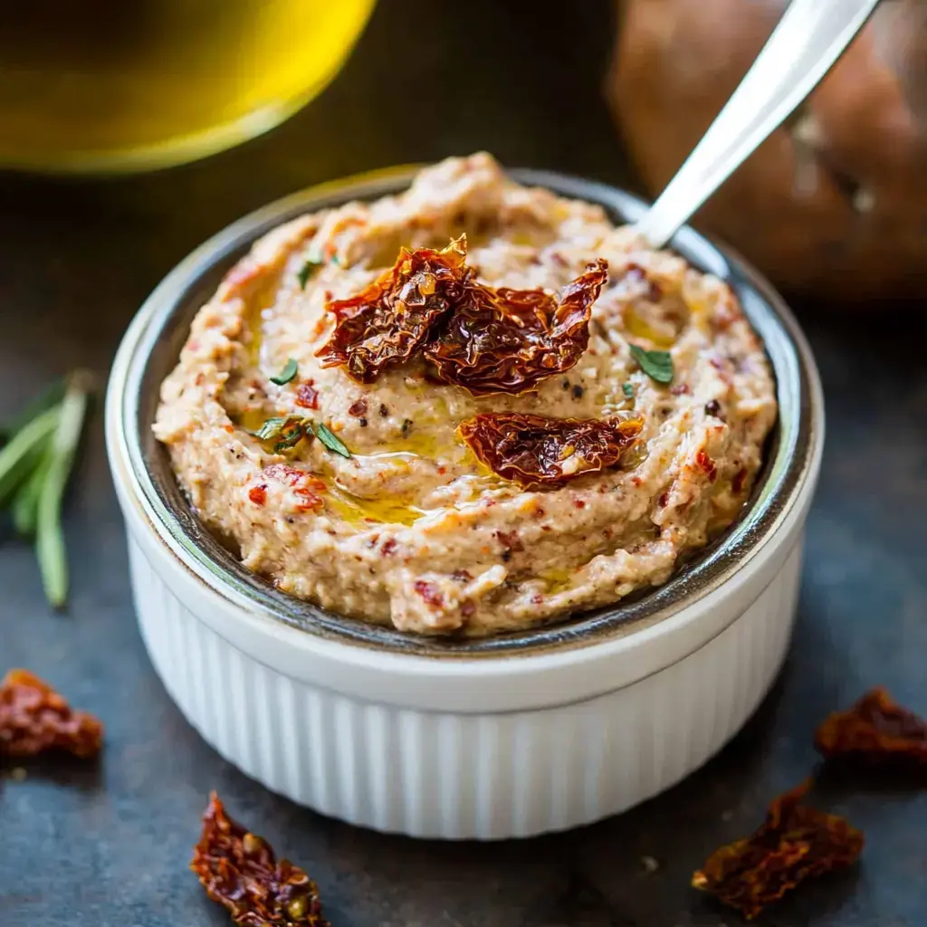 A small bowl of creamy dip topped with sun-dried tomatoes, garnished with a drizzle of olive oil.