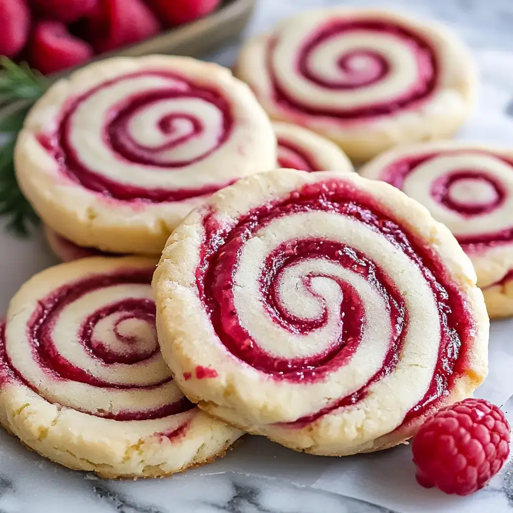 A close-up of spiral cookies with a raspberry filling, arranged neatly on a marble surface alongside fresh raspberries.