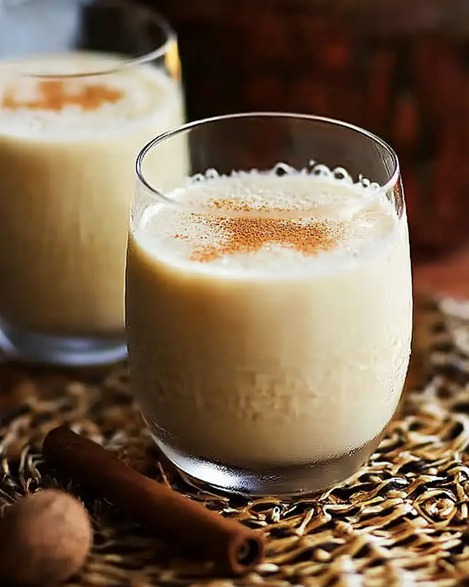 Two glasses of creamy beverage topped with a sprinkle of cinnamon, placed on a woven mat alongside a cinnamon stick and nutmeg.