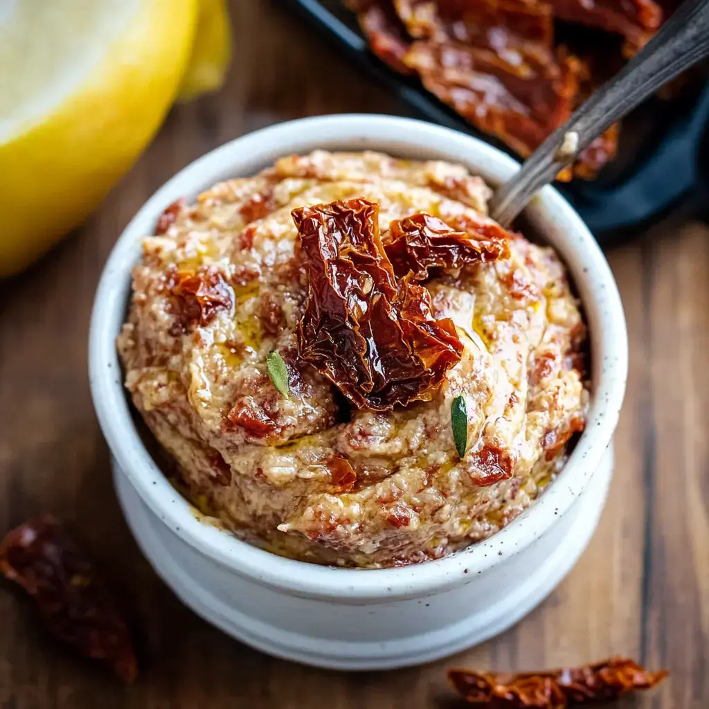 A creamy, sun-dried tomato spread is displayed in a small white bowl, garnished with a few pieces of sun-dried tomatoes on top, alongside a lemon and additional dried tomatoes.