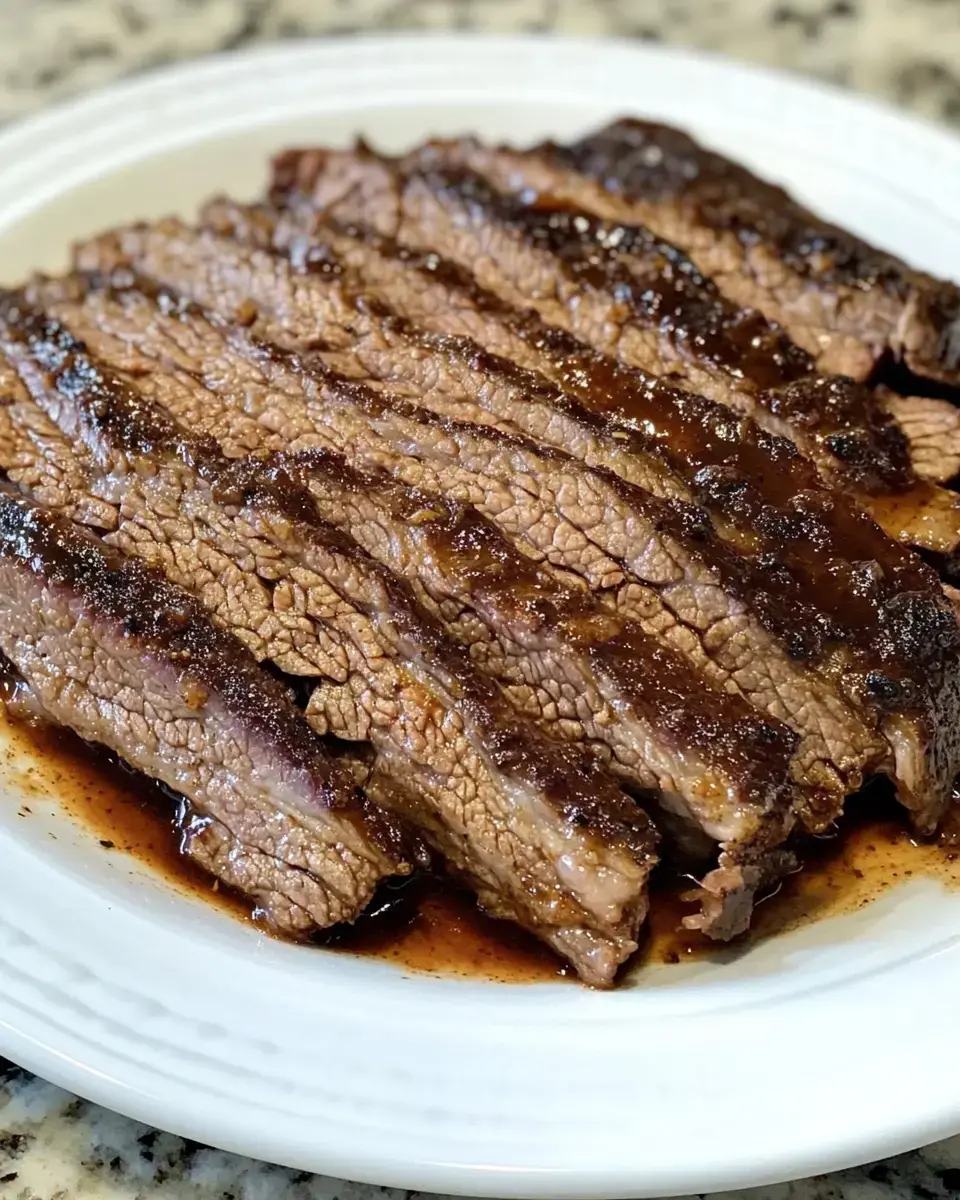 Sliced beef brisket is served on a white plate, glistening with a rich sauce.