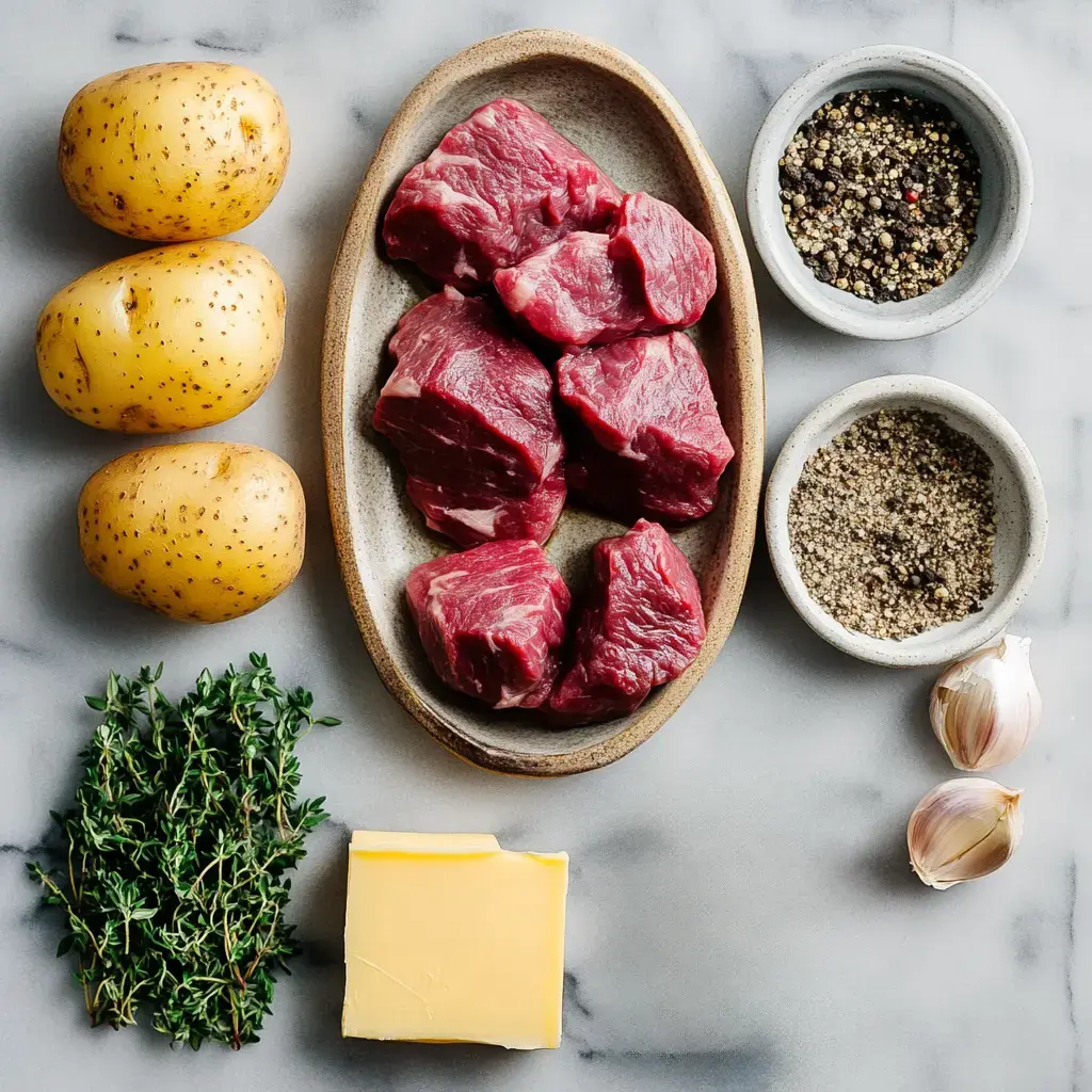 A flat lay image featuring three potatoes, a plate of raw beef chunks, herbs, butter, garlic, and bowls of different spices on a marble surface.