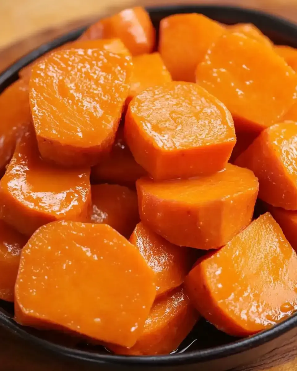 A black bowl filled with glistening, sliced sweet potatoes coated in syrupy glaze.