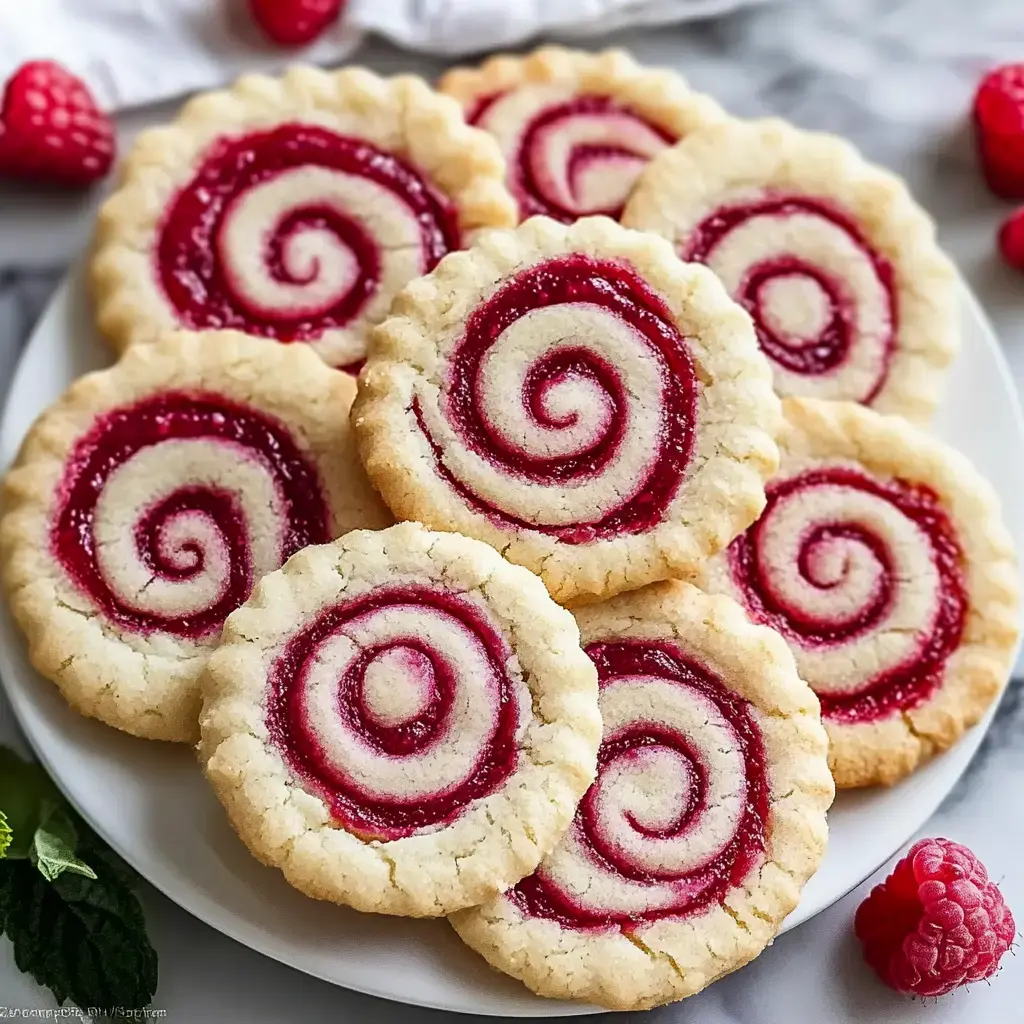 A plate of spiral raspberry-filled cookies arranged neatly, with fresh raspberries scattered around.