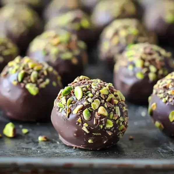 A close-up of chocolate-coated truffles topped with chopped pistachios, arranged on a tray.