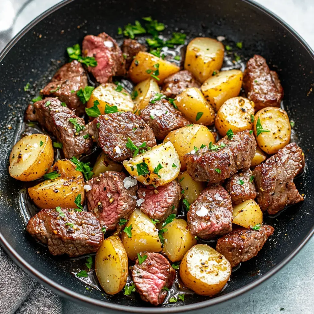 A skillet filled with juicy chunks of seared beef and golden roasted potatoes, garnished with fresh parsley.