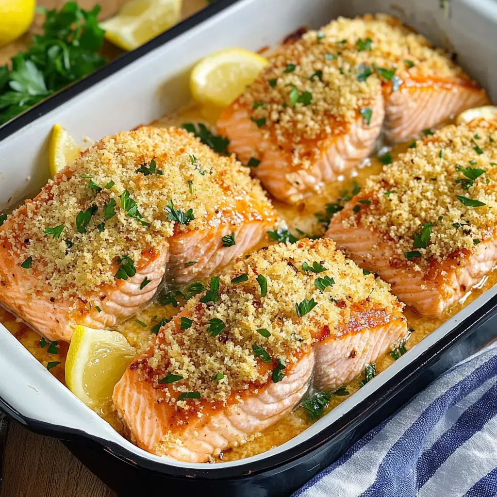 Baked salmon fillets topped with breadcrumbs and parsley, garnished with lemon wedges, in a baking dish.