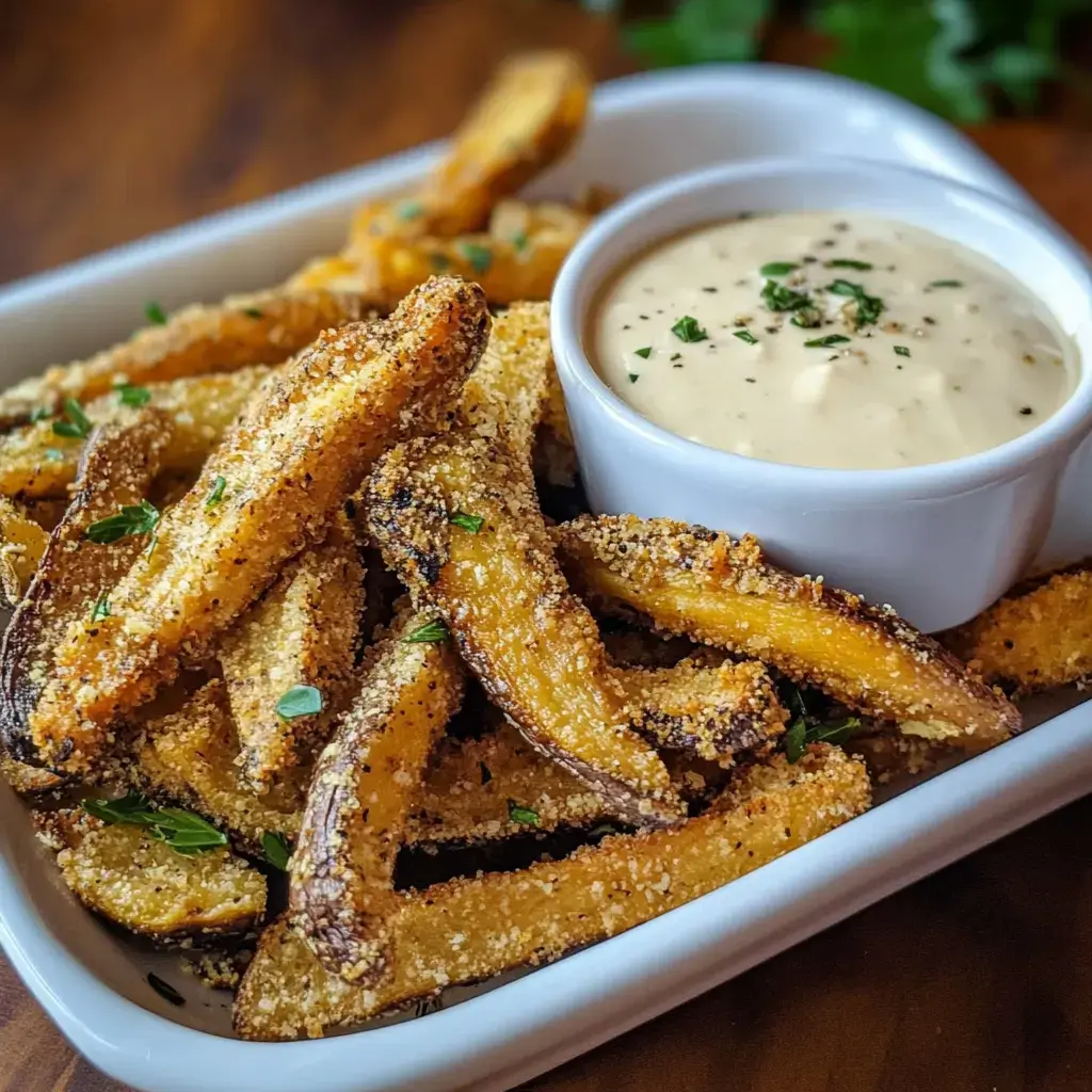 A plate of crispy, golden-fried potato wedges garnished with herbs, accompanied by a small bowl of creamy dipping sauce.