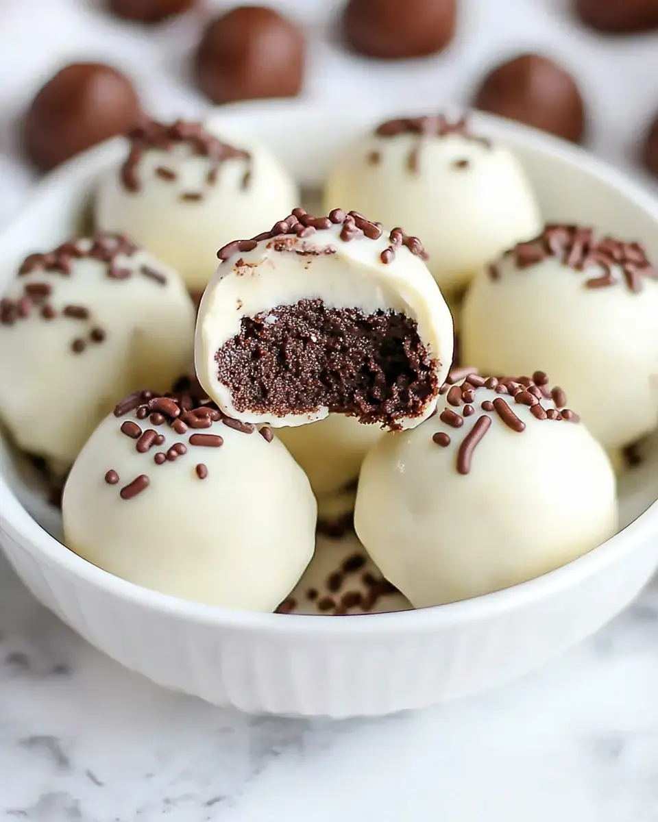 A bowl of chocolate truffles coated in white chocolate and decorated with chocolate sprinkles, with one truffle partially bitten to reveal a soft chocolate filling.