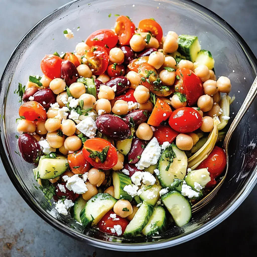 A colorful salad featuring cherry tomatoes, chickpeas, kidney beans, cucumber, and feta cheese, mixed with fresh herbs in a glass bowl.