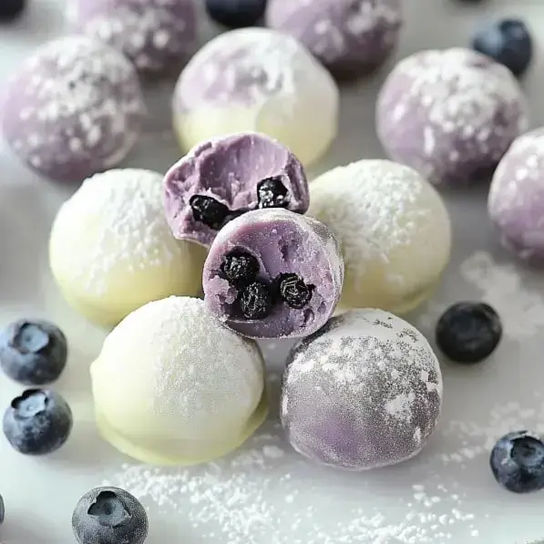 A plate of round mochi desserts, some filled with purple filling and berries, dusted with powdered sugar.