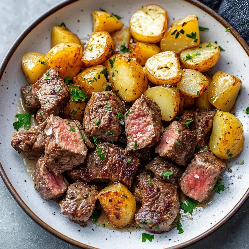 A plate of seared beef cubes and roasted golden potatoes, garnished with parsley.