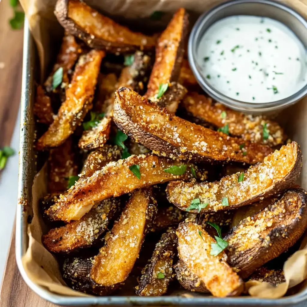 A tray of crispy, seasoned potato wedges is served with a small bowl of creamy dip garnished with parsley.