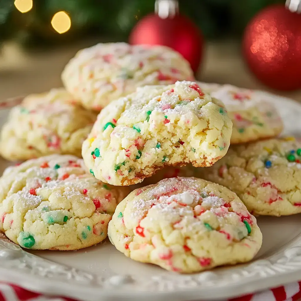 A plate of colorful, holiday-themed cookies with sprinkles, some dusted with powdered sugar, set against a festive background.