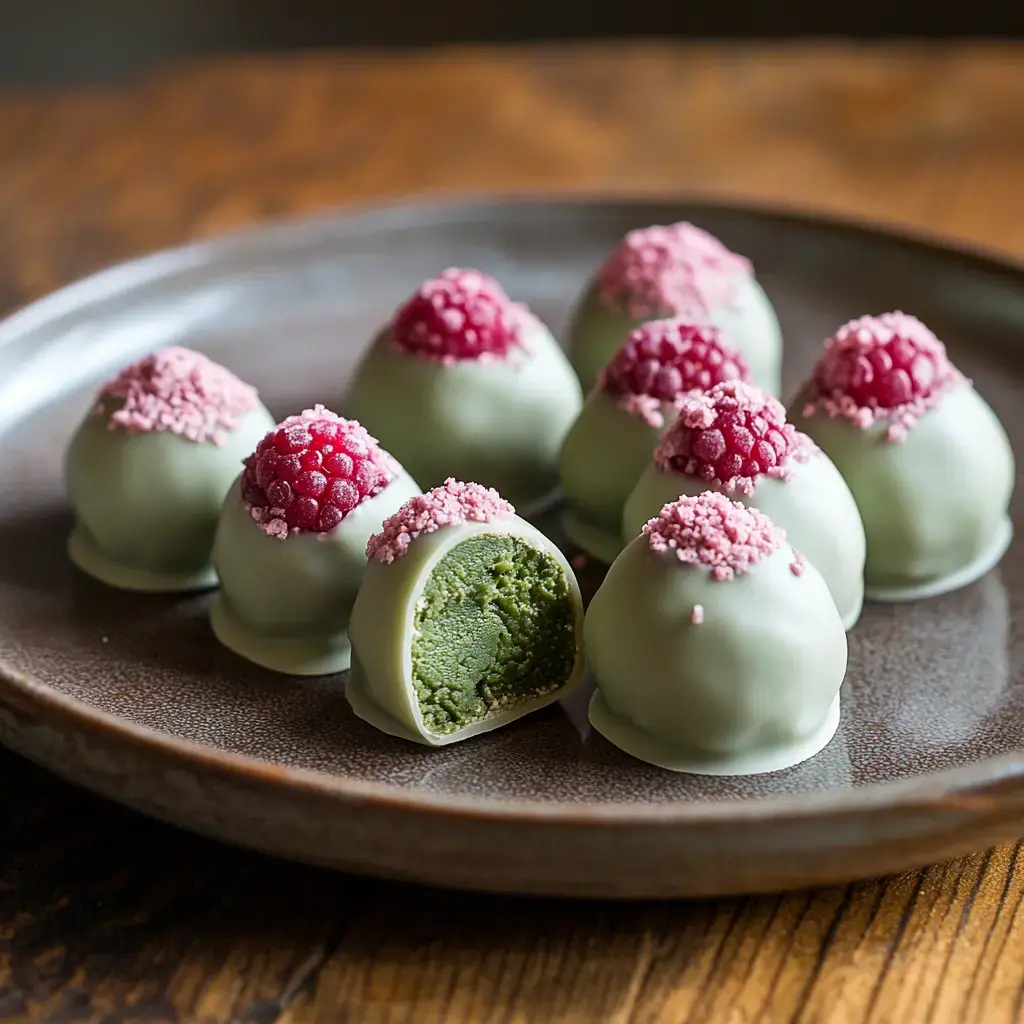 A plate of green dessert truffles topped with pink raspberry bits and fresh raspberries, with one truffle cut in half to reveal its green filling.