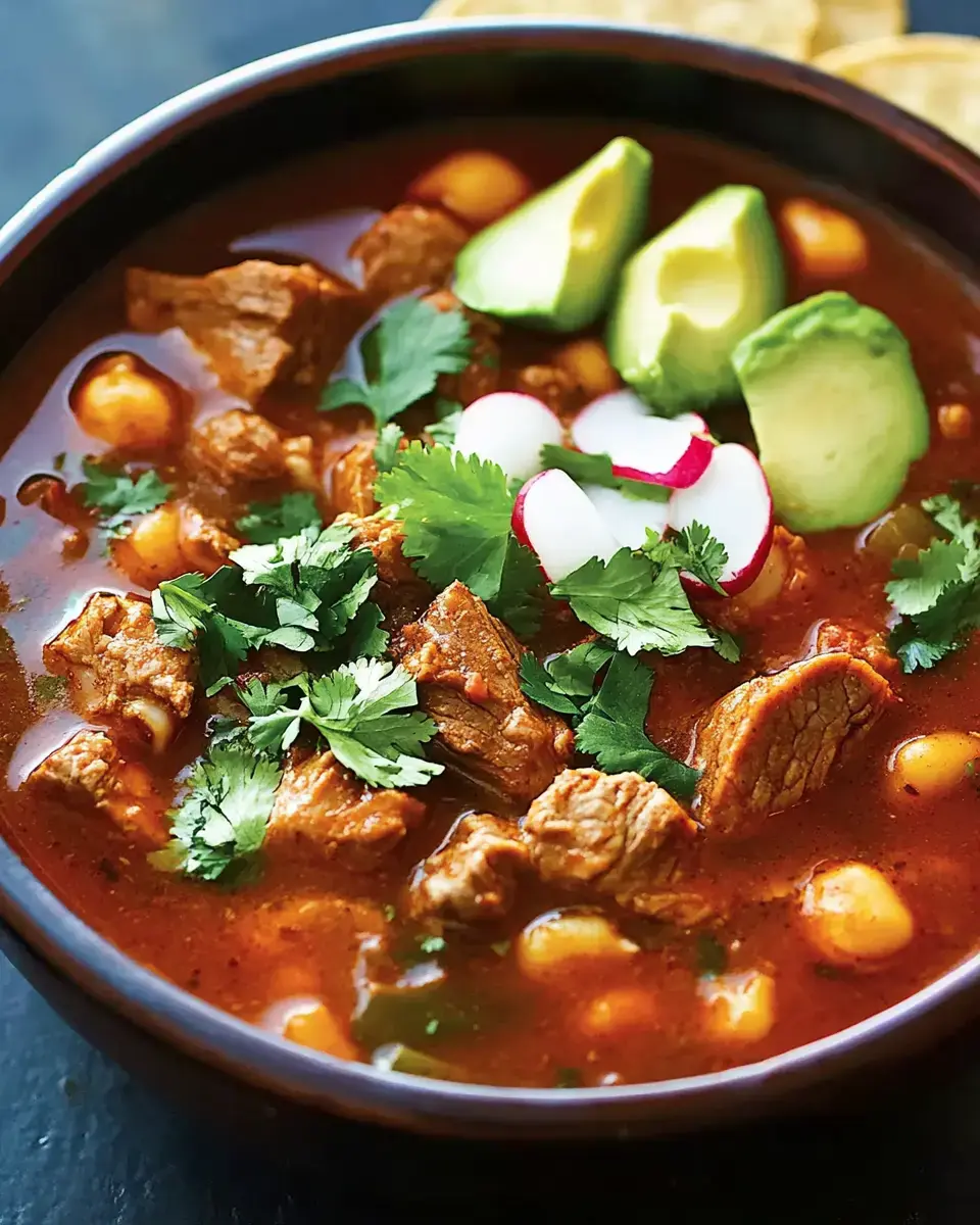 A hearty bowl of beef stew is garnished with cilantro, radishes, and avocado slices, alongside tortilla chips.