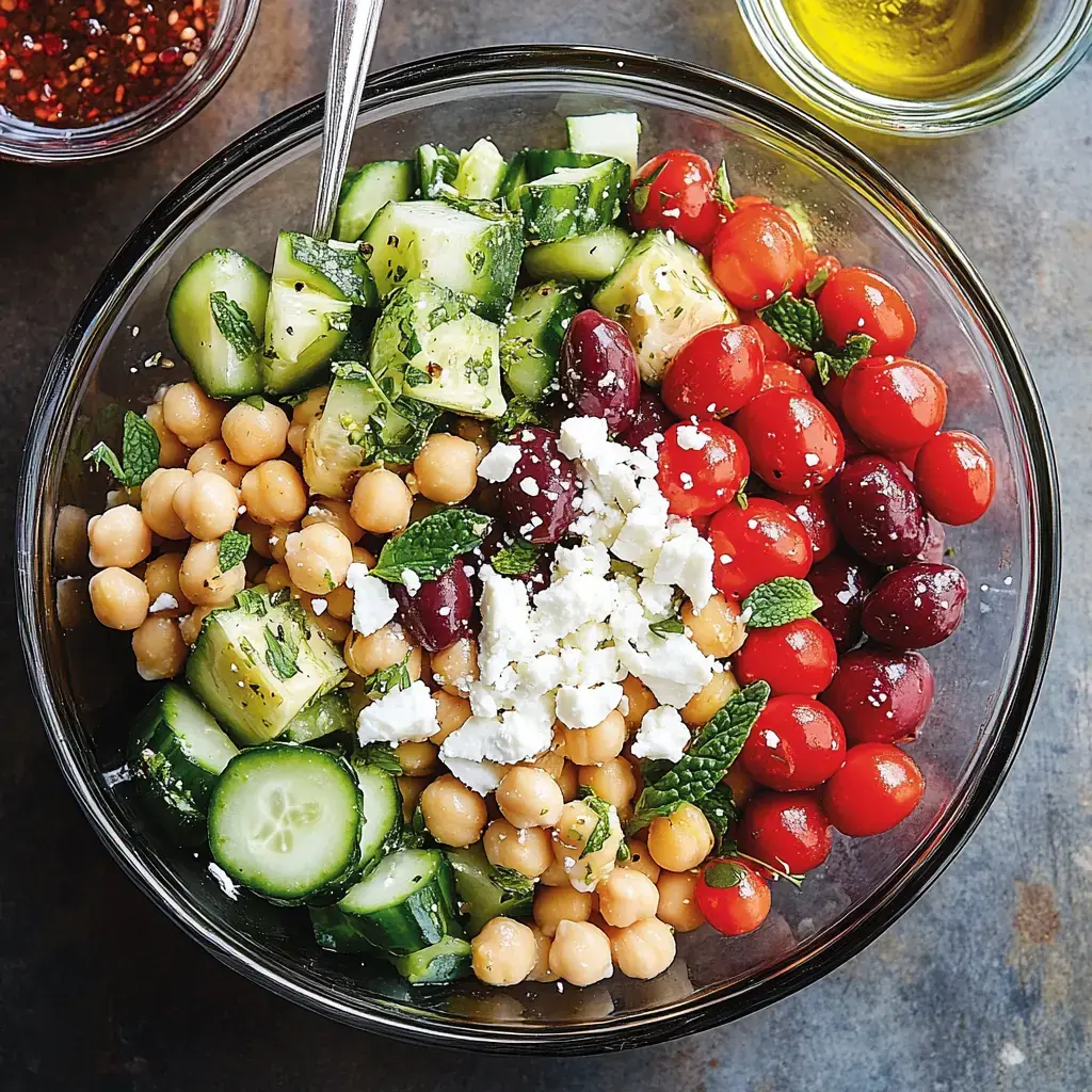 A glass bowl filled with a colorful salad featuring chickpeas, diced cucumbers, cherry tomatoes, olives, and crumbled feta, garnished with fresh mint.