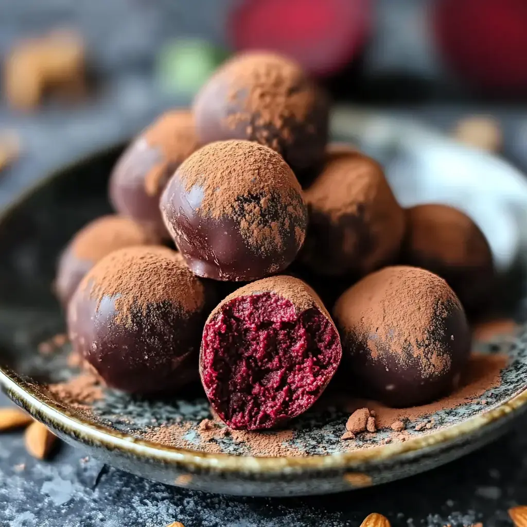 A plate of cocoa-dusted chocolate truffles, with one truffle partially bitten to reveal a vibrant red filling.