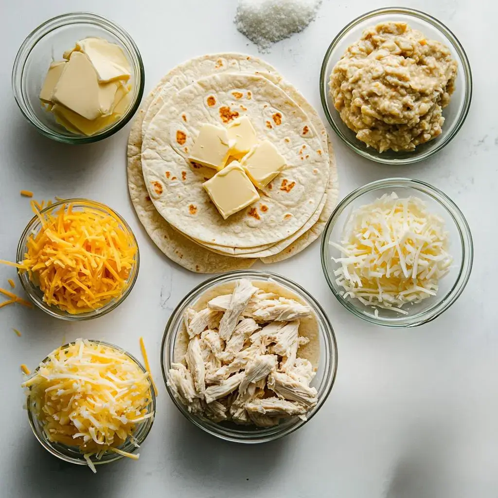 An assortment of ingredients organized in bowls, including butter, shredded cheeses, shredded chicken, and tortillas on a white surface.