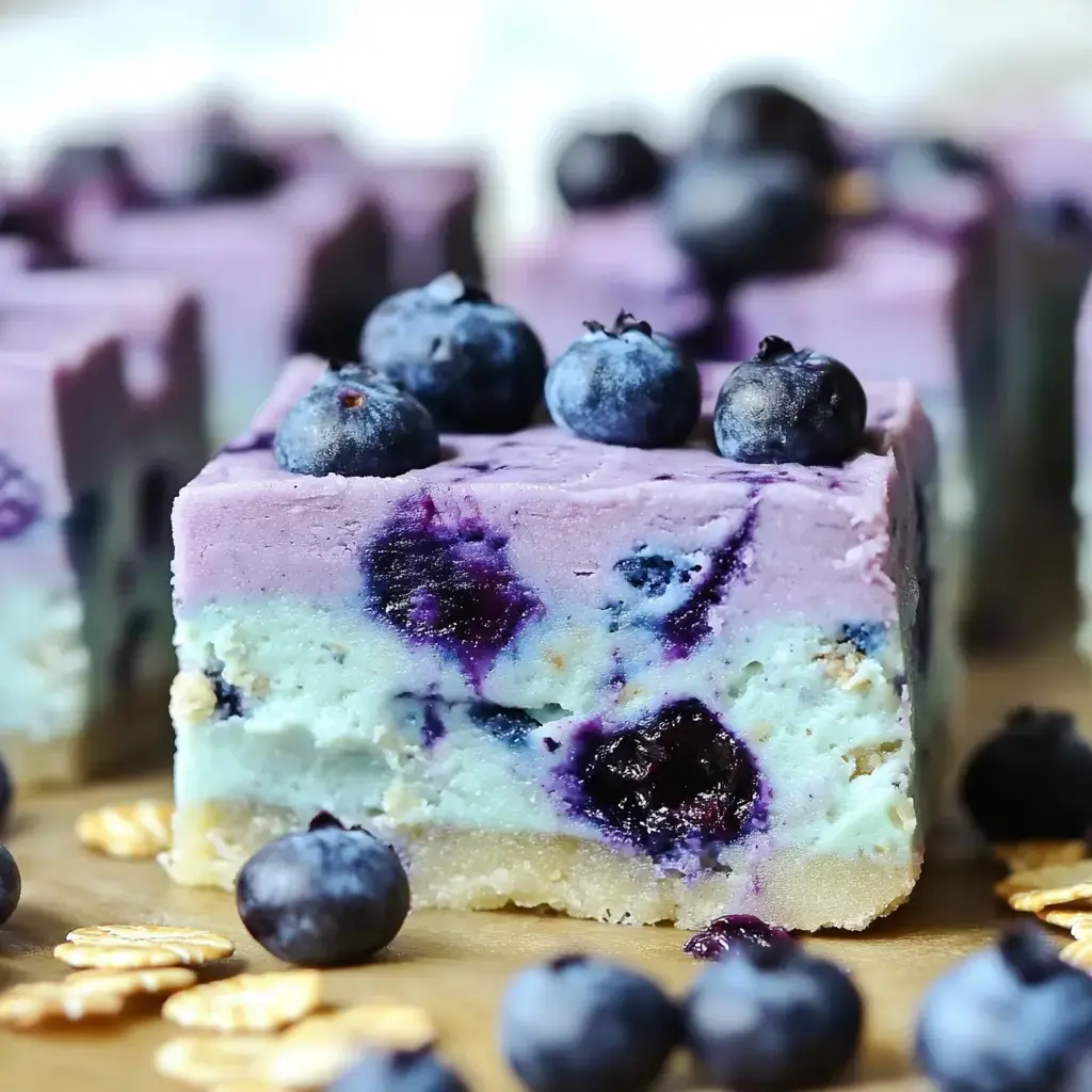 A close-up of a slice of blueberry dessert, featuring layers of creamy purple and blue textures topped with fresh blueberries.