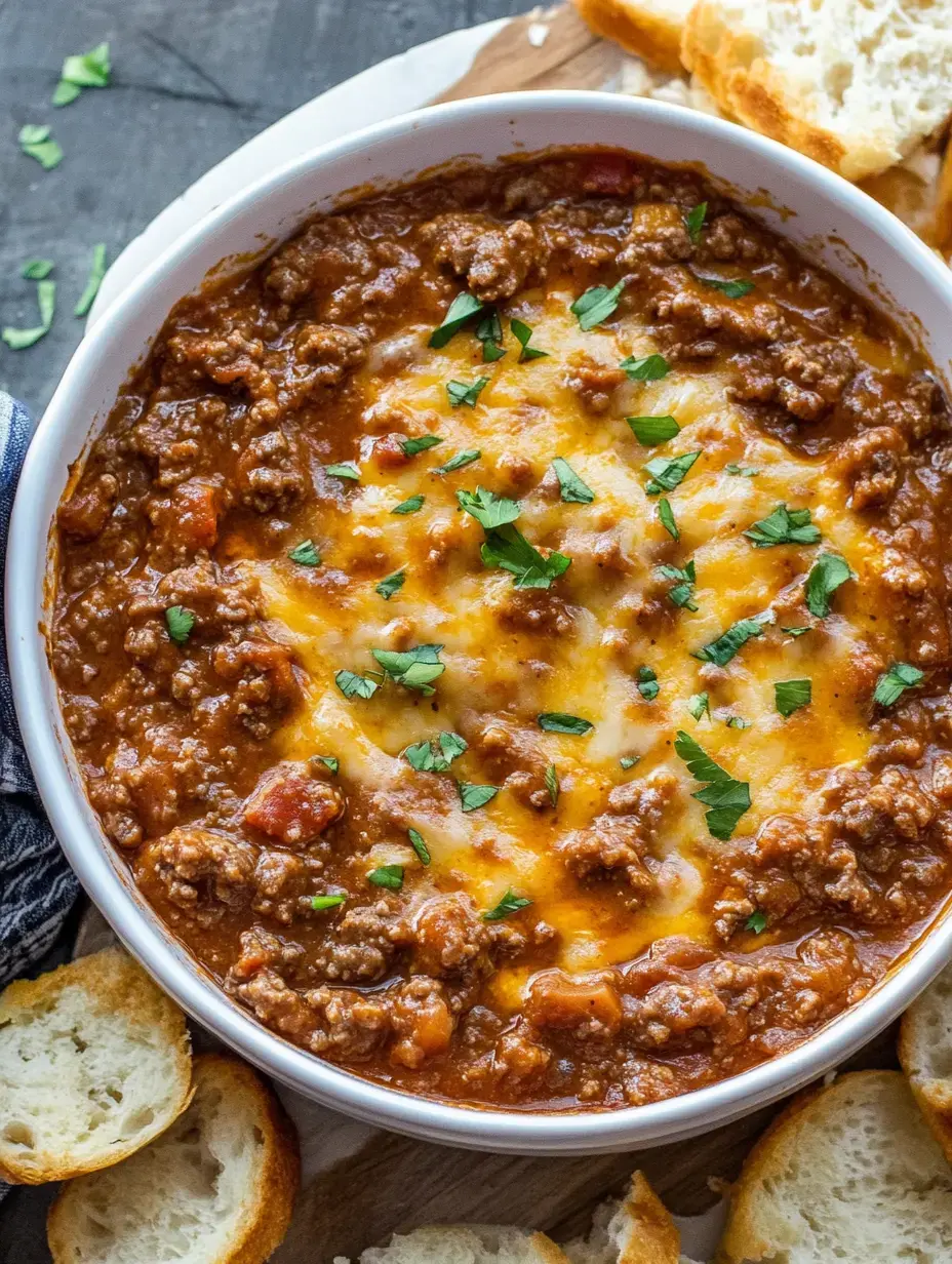 A bowl of hearty meat sauce topped with melted cheese and fresh parsley, surrounded by slices of toasted bread.