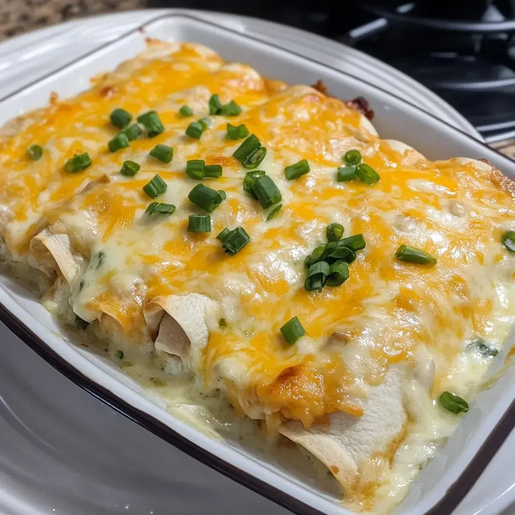 A casserole dish filled with cheesy enchiladas topped with chopped green onions.