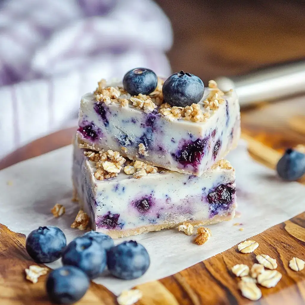 A stack of creamy blueberry dessert bars topped with granola and fresh blueberries on a wooden serving board.