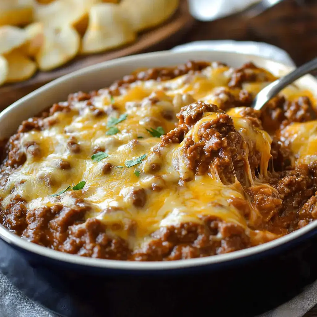 A cheesy baked dish with ground meat, topped with melted cheese and garnished with herbs, served alongside potato chips.