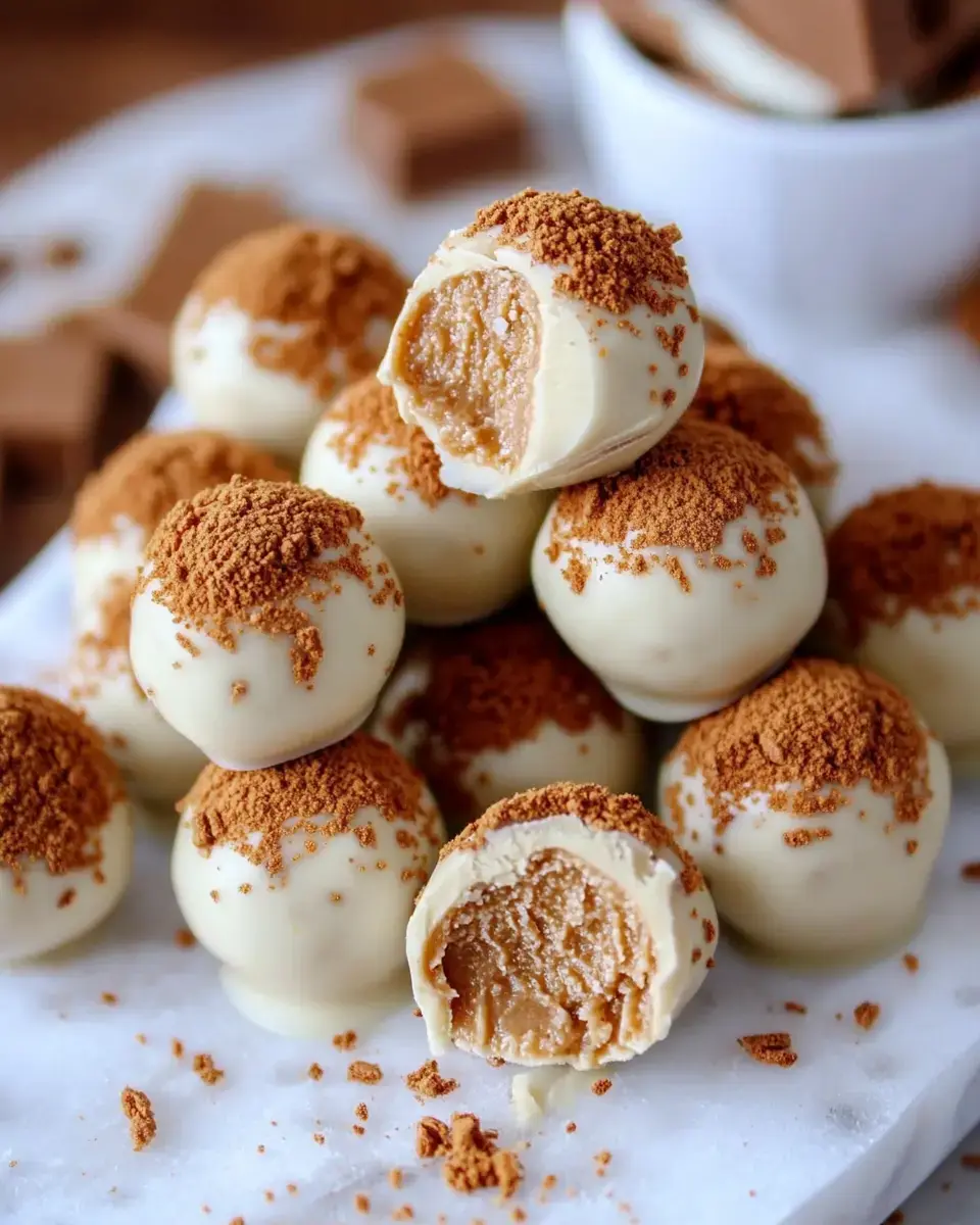 A pile of white chocolate-coated truffles dusted with crushed cookie crumbs, with one truffle cut in half to reveal a creamy filling inside.