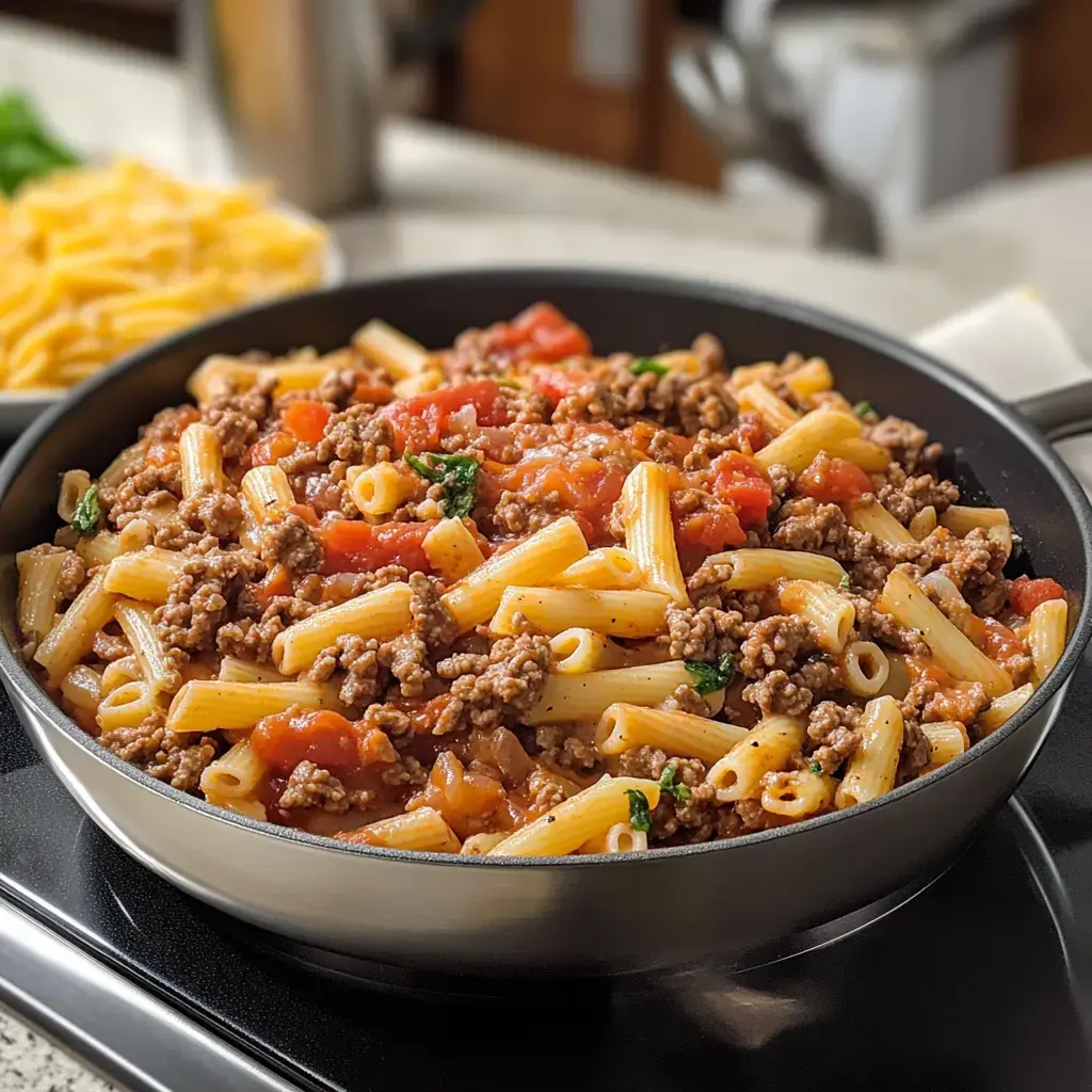 A skillet filled with pasta, ground beef, and tomato sauce, garnished with herbs, is shown alongside a bowl of shredded cheese.