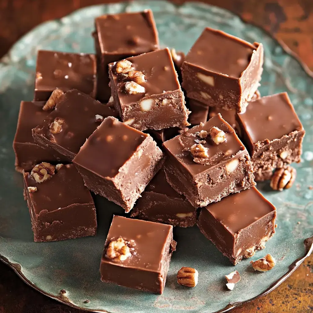 A plate of chocolate fudge squares topped with nuts, arranged attractively.