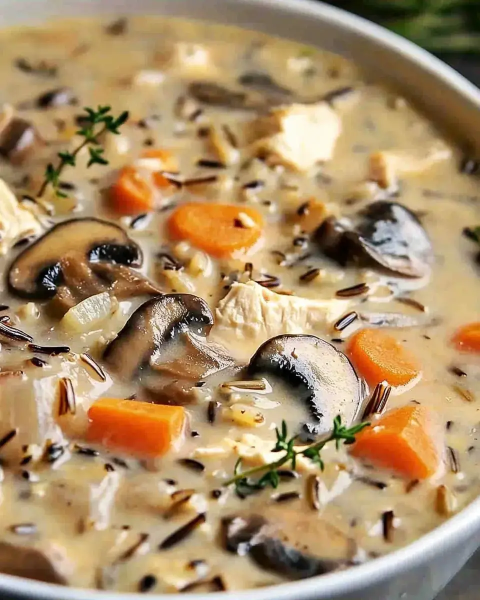 A creamy soup featuring chunks of chicken, mushrooms, carrots, and herbs in a rich broth.