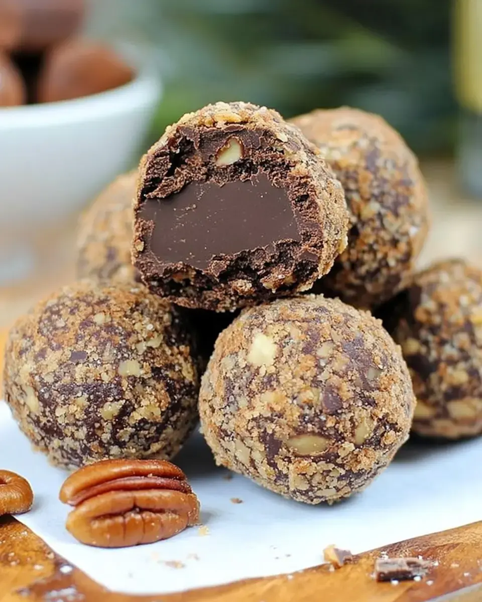 A close-up of chocolate truffles coated in crushed nuts, with one truffle cut in half to reveal its smooth, dark interior.