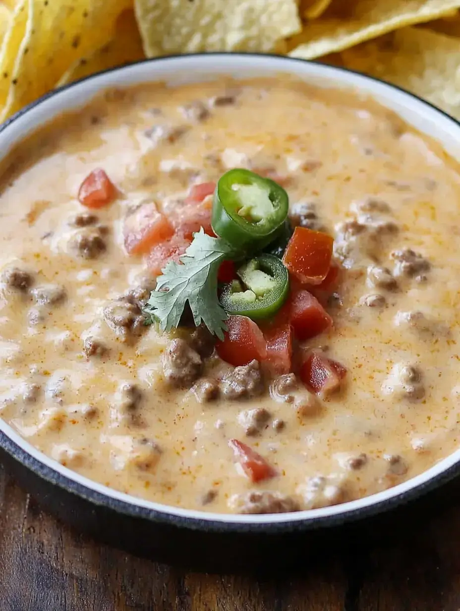 A bowl of creamy dip featuring ground beef, diced tomatoes, and sliced jalapeños, served with tortilla chips in the background.