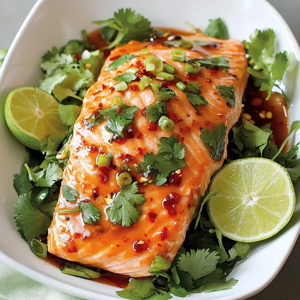 A succulent piece of salmon is garnished with cilantro, green onions, and a spicy sauce, accompanied by lime wedges and served on a bed of greens.