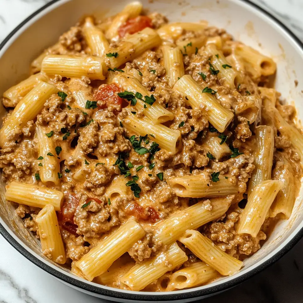 A close-up view of creamy pasta with ground meat and herbs served in a bowl.