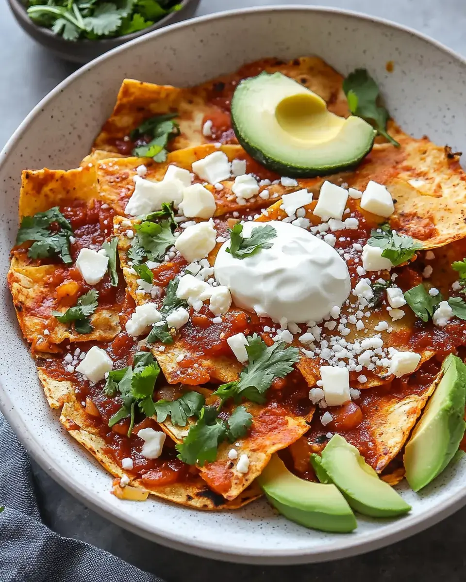 A bowl of tortilla chips topped with red sauce, cilantro, avocado slices, crumbled cheese, and a dollop of sour cream.