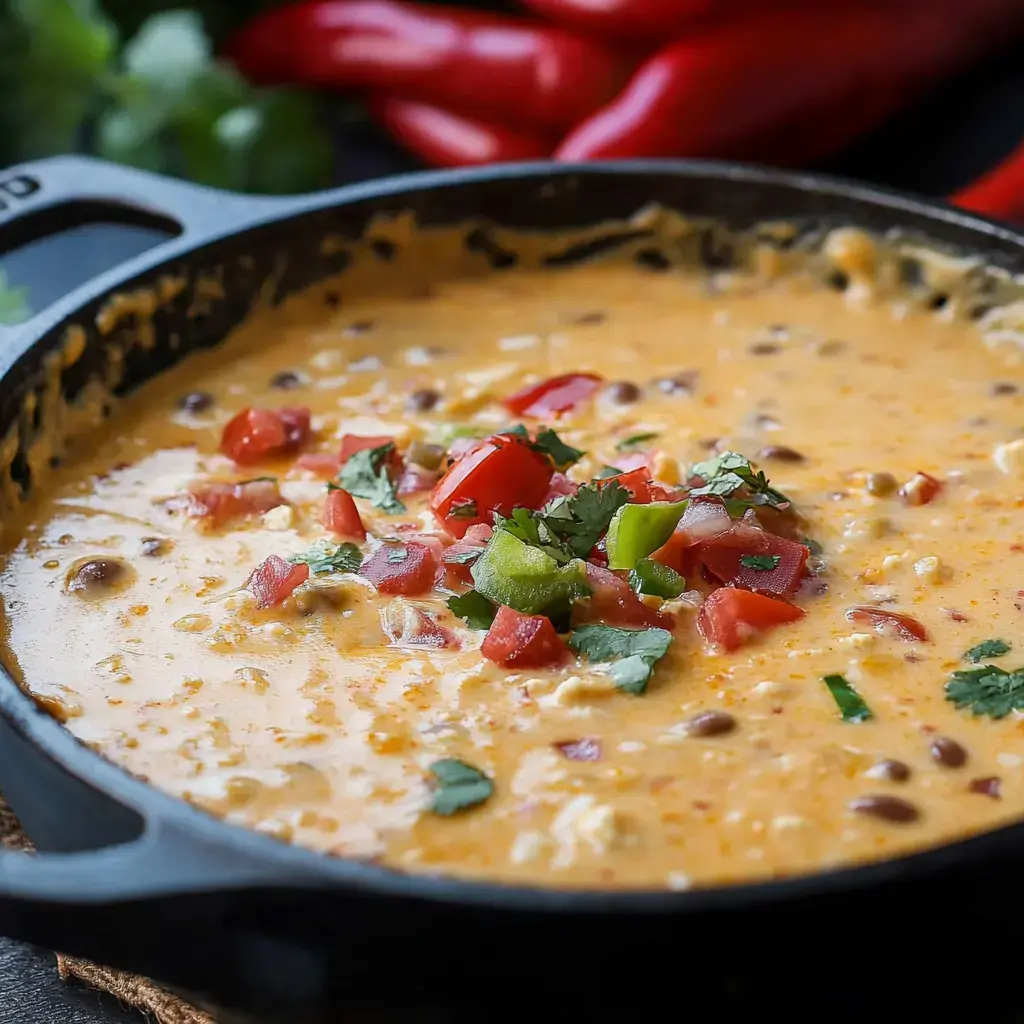 A creamy cheese dip topped with diced tomatoes, green peppers, and cilantro, served in a cast iron skillet with red peppers in the background.