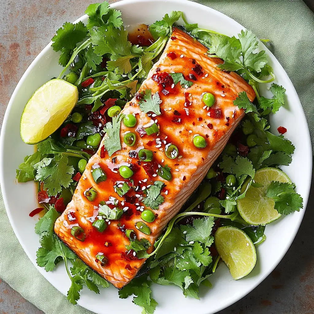 A beautifully plated salmon fillet garnished with green peas, chopped herbs, and lime wedges on a bed of fresh greens.