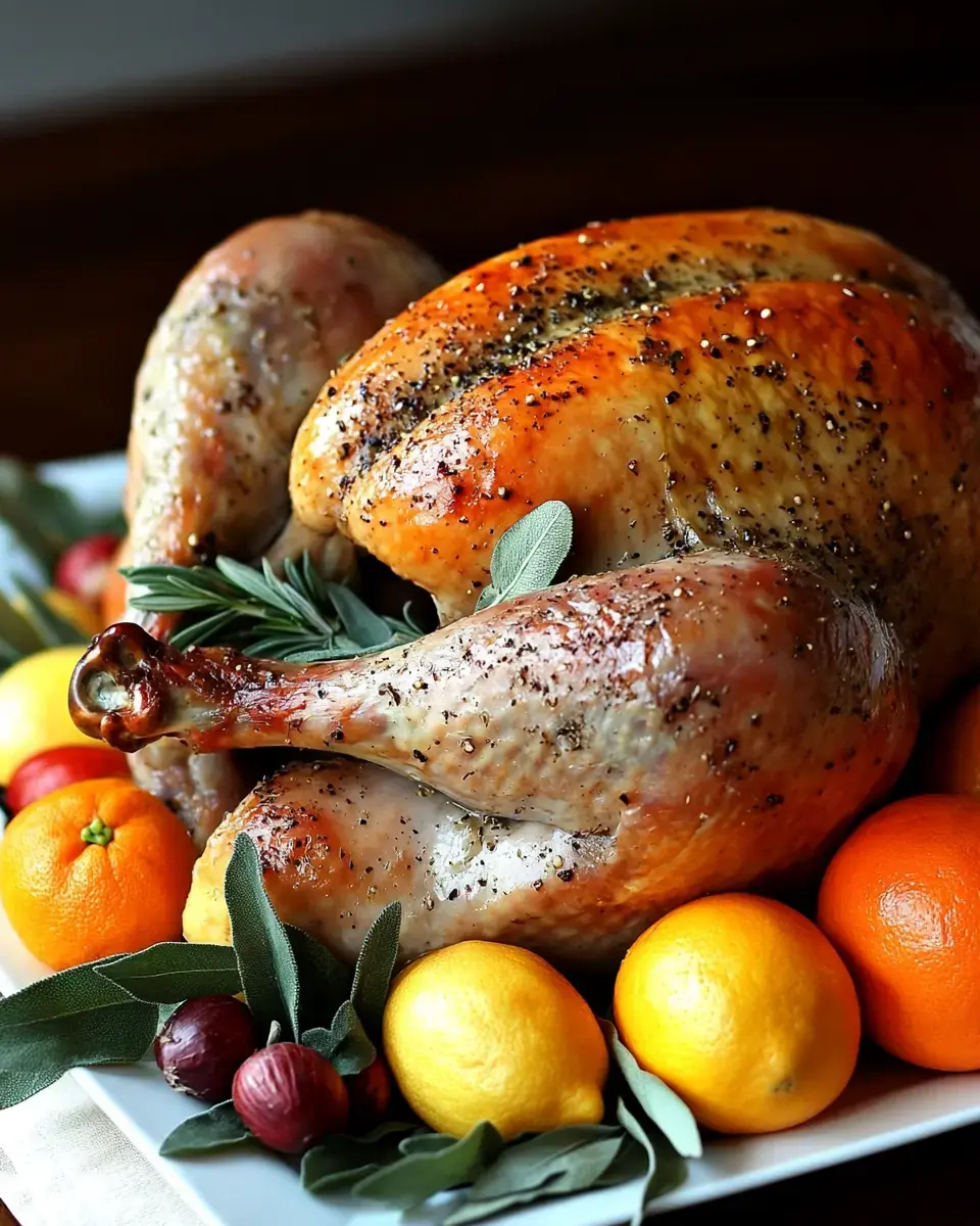 A beautifully roasted turkey is presented on a platter, surrounded by various citrus fruits and fresh herbs.