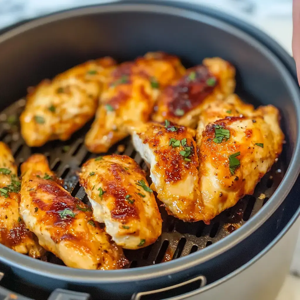 A close-up image of golden-brown chicken wings garnished with herbs, cooking in a black air fryer basket.