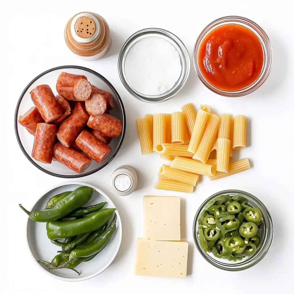 An arrangement of various ingredients on a white background, including sliced sausages, rigatoni pasta, tomato sauce, salt, green chilies, jalapeños, and slices of cheese.