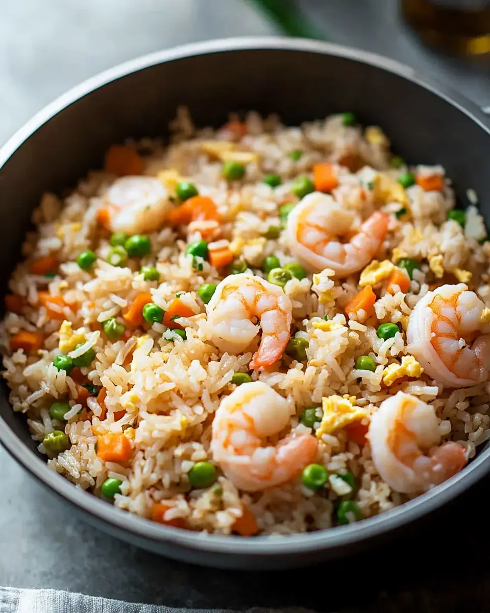 A bowl of fried rice with shrimp, green peas, and diced carrots.