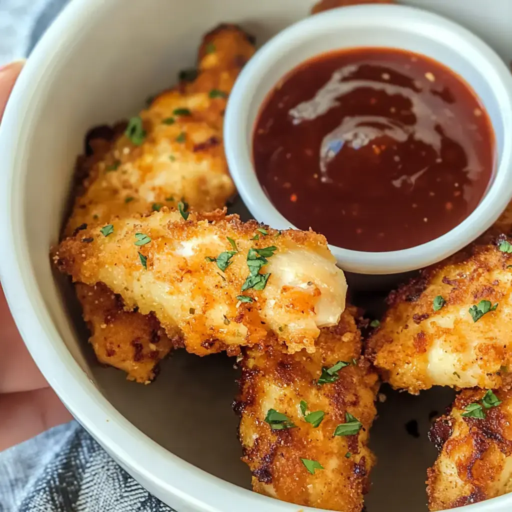 A bowl of crispy, golden-brown chicken tenders garnished with parsley, accompanied by a small dish of dipping sauce.