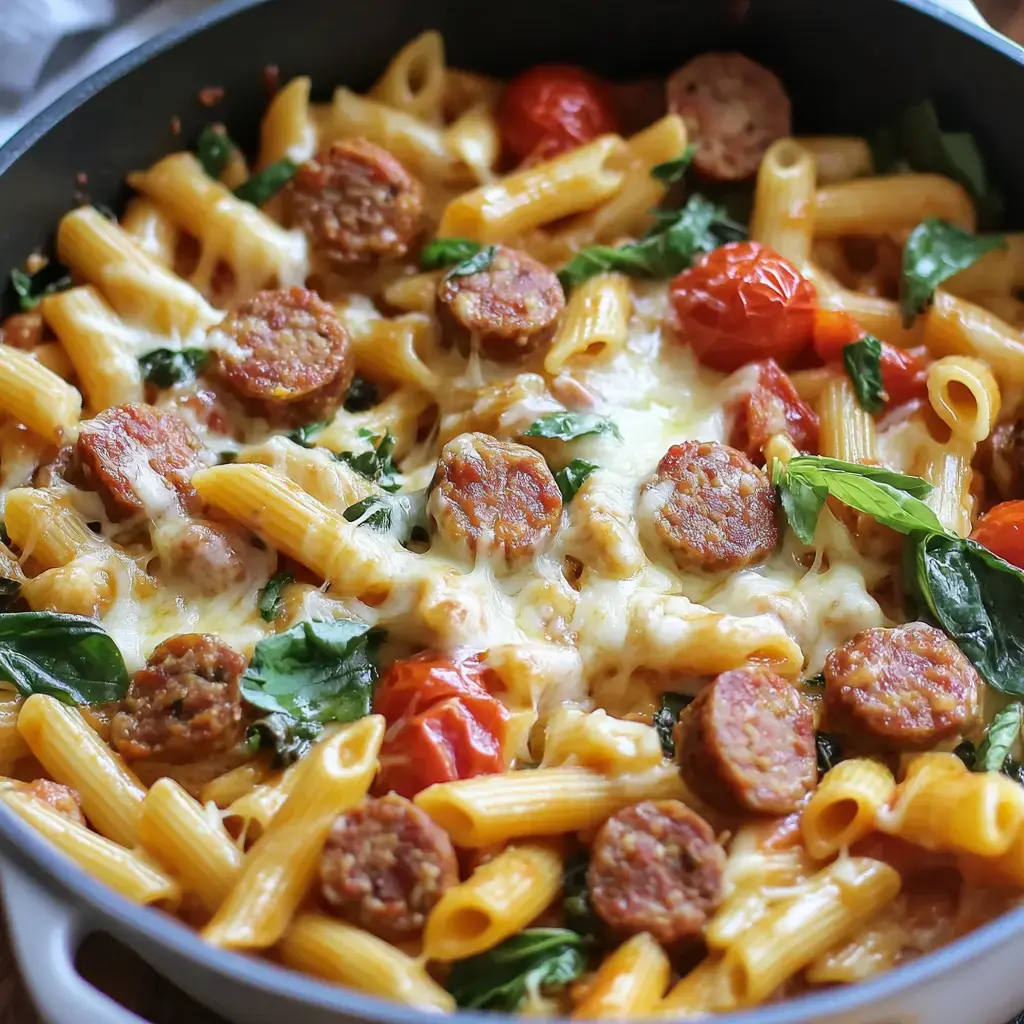 A skillet of baked pasta featuring penne, sausage slices, spinach, and cherry tomatoes, topped with melted cheese.