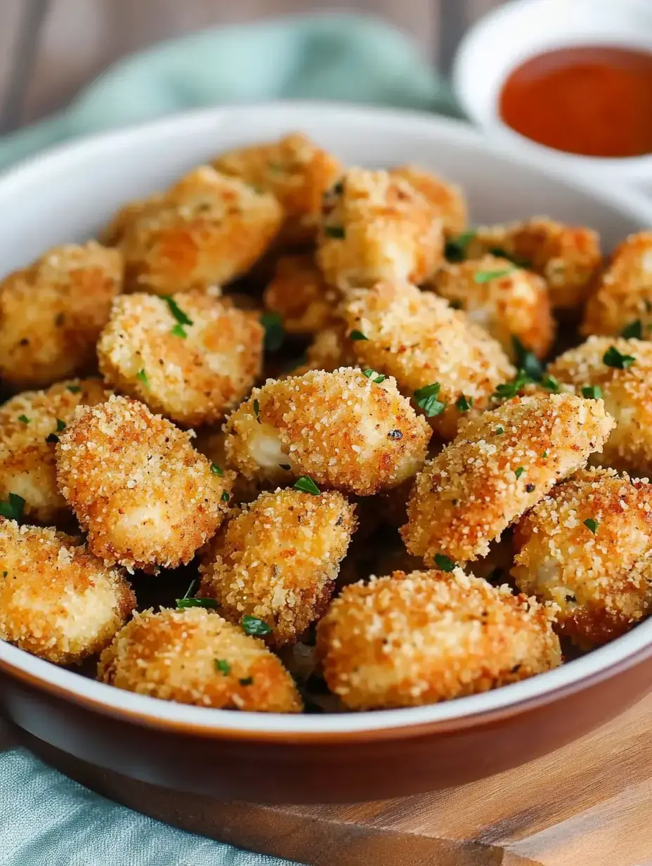 A bowl of golden-brown, crispy chicken nuggets garnished with parsley, accompanied by a small dish of dipping sauce.