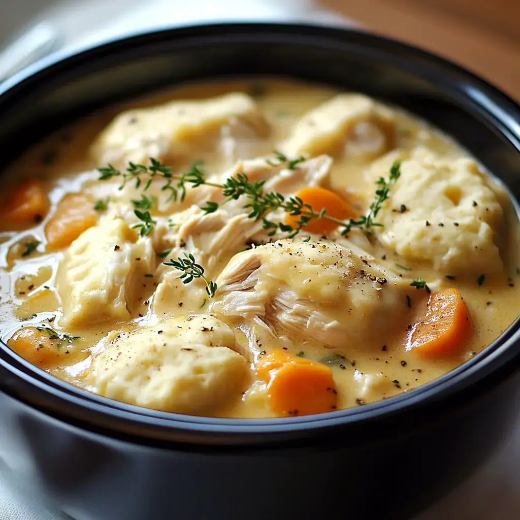 A close-up of a bowl of creamy chicken and dumplings, featuring tender chicken, soft dumplings, carrots, and a sprinkle of fresh thyme.