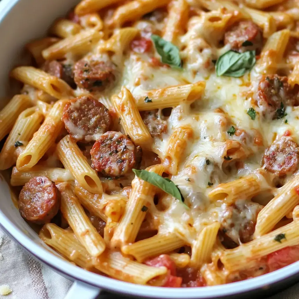 A close-up of baked penne pasta mixed with sausage slices, marinara sauce, and melted cheese, garnished with fresh basil leaves.