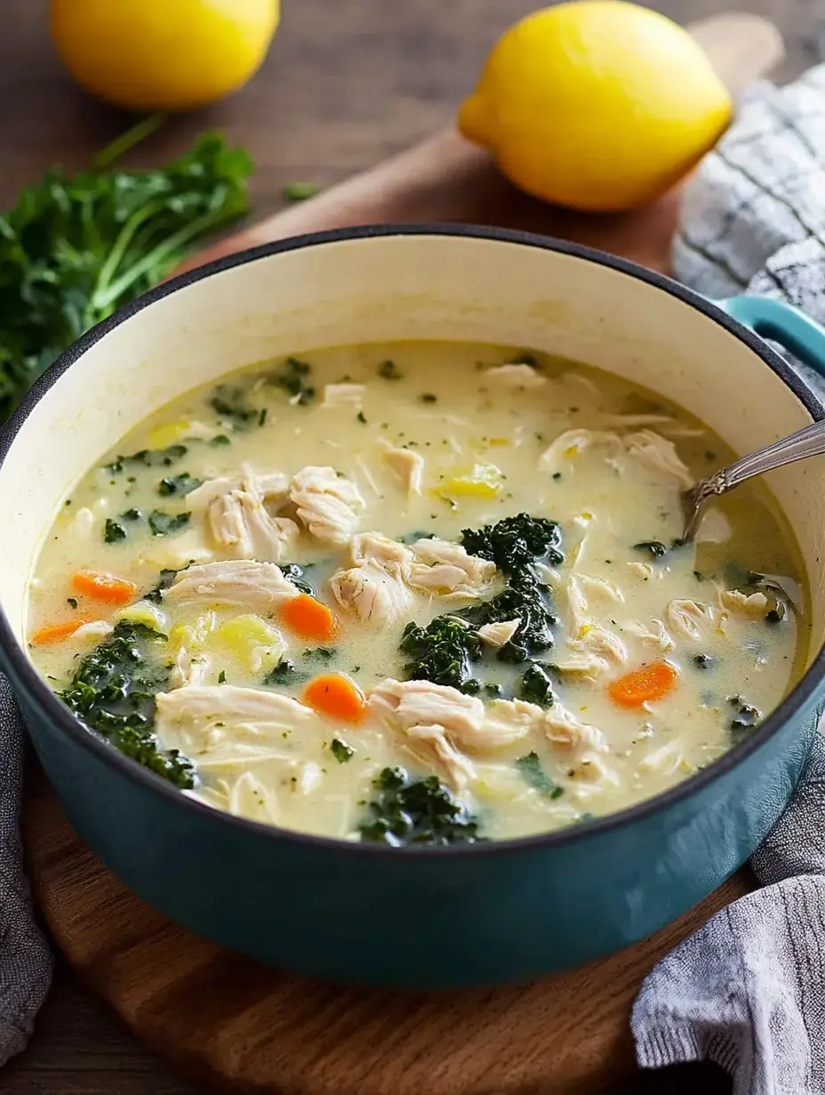 A blue pot filled with chicken soup containing shredded chicken, kale, carrots, and a creamy broth, with lemons and herbs in the background.